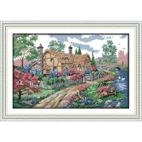 A Country cabin 8 cross stitch kit aida 14ct 11ct count printed canvas stitches embroidery DIY handmade needlework