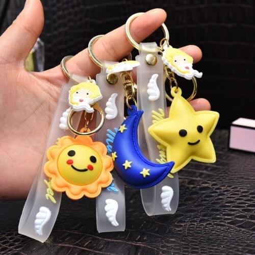 New Soft PVC Star Moon Sun Car Keychain Pendant Cute Student Schoolbag Keyrings Small Gift Lanyard for Keys