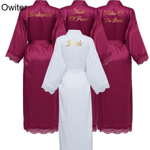 Owiter Women Long Matt Satin Lace Robes Bridal Bride Robes Bridesmaid Robes Wedding Party Sleepwear Dressing Bathrobe Burgundy