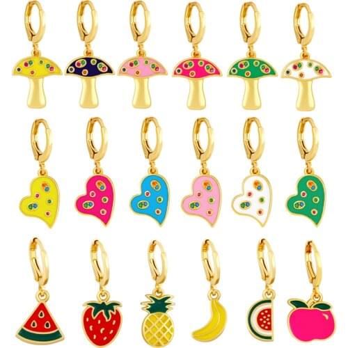 QMHJE Small Hoop Earrings for Women Neon Green Bright Fluorescent Enamel Gold Color Heart Mushroom Fruit Pineapple Strawberry