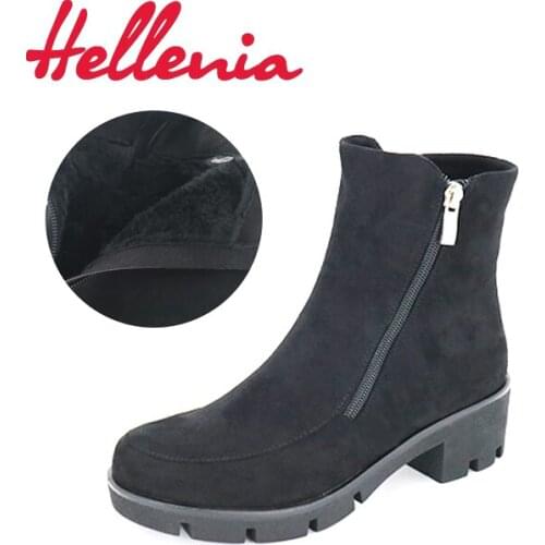 Hellenia Sexy Women Real wool Boots Lady Rounded Toe Ankle Boots Waterproof Winter Fashion Casual Boots Real Fur lining Winter