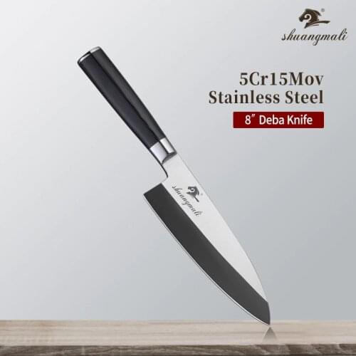 Shuangmali 8‘’ Japanese Fish Deba Knife 5Cr15MoV Stainless Steel Kitchen Chef Salmon Knives Utility Chopping Salmon Deba Knives