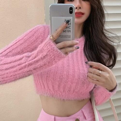 Sweater for Women Mink Velvet Short Slim Knit Sweater Outwear Female Fashion Spring Autumn Pink Warm Clothing Long Sleeve