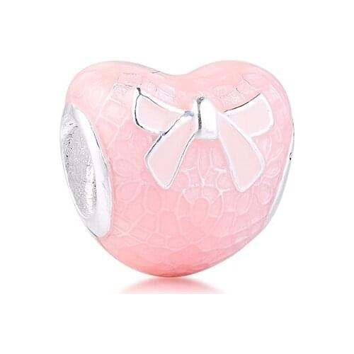 Charms 925 Silver Original Fit Pandora Bracelets Sterling Silver Pink Bow & Lace Heart Charm Beads for Women diy Jewelry Making