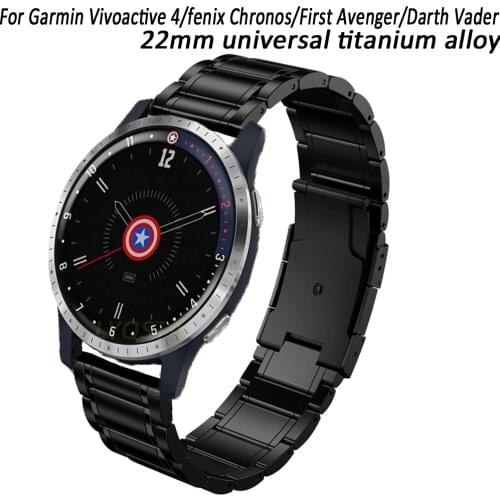 For Garmin First Avenger/Darth Vader/Vivoactive 4 22mm Titanium Metal Watch Strap For TicWatch Pro 3/GTX/E2/S2 Bracelet Black