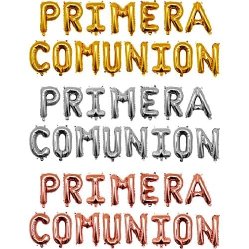 Holy first communion decoration Rose gold foil balloons banner Spanish Primera Comunion hanging bunting baptism ceremony decor