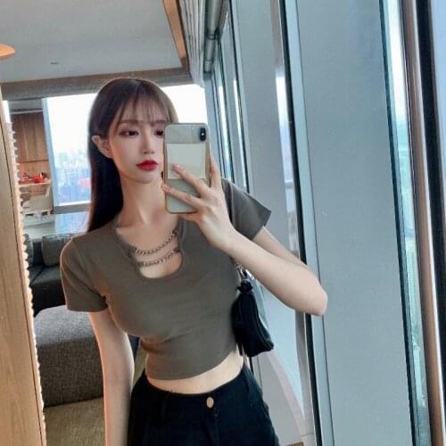T-shirt womens summer design chain short navel sexy tight 2021 new short-sleeved shirt ins tide