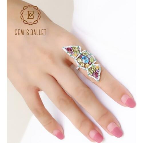 GEMS BALLET Multicolor Natural Topaz Amethyst Garnet Peridot Citrine Ring 925 Sterling Silver Section Rings For Women Jewelry