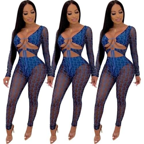 2021 New Cut Out Mesh See Through Jumpsuit For Women Long Sleeve Deep V Neck Lace Up Letter Print Bandage Playsuits Club Bodycon