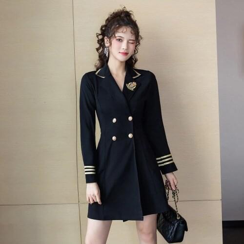 Black Uniform Style Blazer Dresses Double Breasted Slim Waist Long Sleeve Women Casual Suit Woman Plus Size Embroidery Blazers