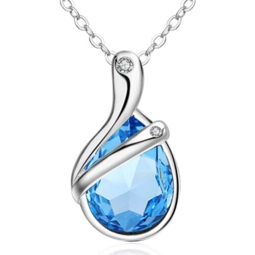 Utimtree Simple Blue Water Drop Pendant Necklace Crystal Jewelry Women Sterling Silver 925 Wedding Statement Necklaces for Bride