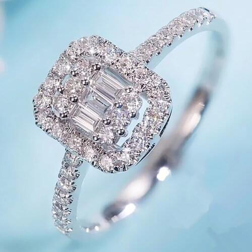 18K Au750 White Gold Women Ring Moissanite Diamonds Rectangle Round Emerald Elegant Party Engagement Anniversary Ring Trendy