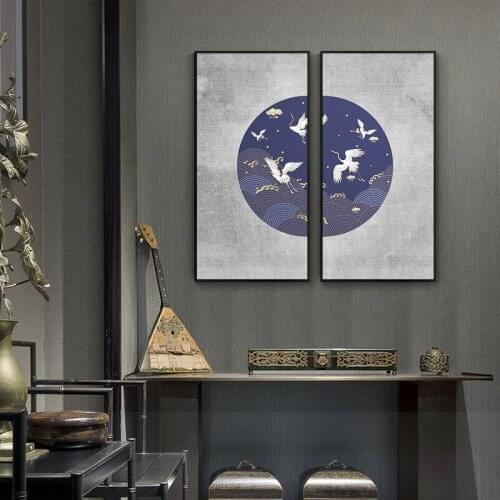 2pcs Chinese Style Crane and Clouds Art Canvas Painting Abstract Bird Posters and Prints Wall Art Picture for Living Room Decor