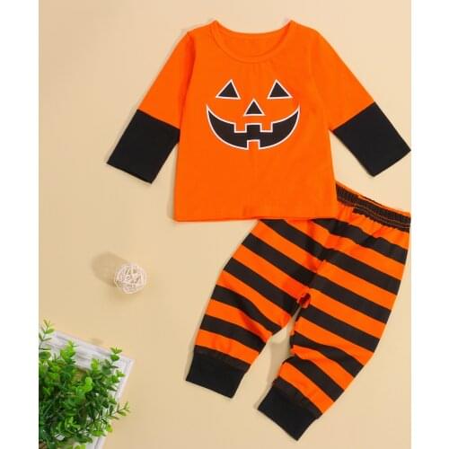 Toddler Baby 2Pcs Halloween Outfits Smile Pumpkin Print Long Sleeve Tops + Striped Long Pants Set
