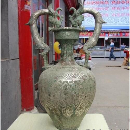 30" Chinese Dynasty Bronze Copper Silver-Gilt Two Gragon Handle Vase Pot Jar Jug