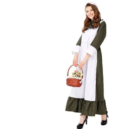 European and American Dark Green Farm Maid Costume Women Halloween Chef Cosplay Uniform Oktoberfest Waiter Fancy Dress