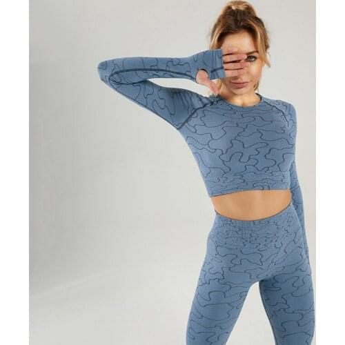 Fitness Suits Yoga Women Long Sleeve Top Line Pattern Seamless Leggings 2 Piece Sports Outfit Set Woman Tracksuits Gym Clothing