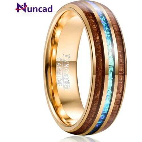 Hot Sell Engagement for Mens Gift 8MM Wide Electroplated Gold Inlaid Acacia + Imitation Opel Dome Tungsten Steel Ring Jewelry