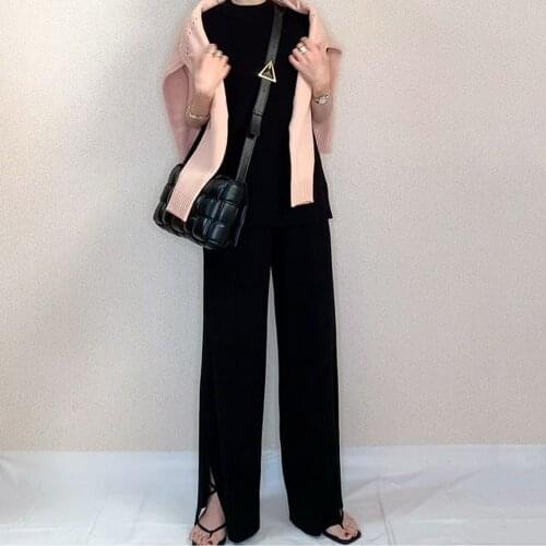 Two Piece Sets Pullover T-shirt And Wide Legs Standard Long Pants Plain Loose Set 2021 New Style For Casual Simple Summer