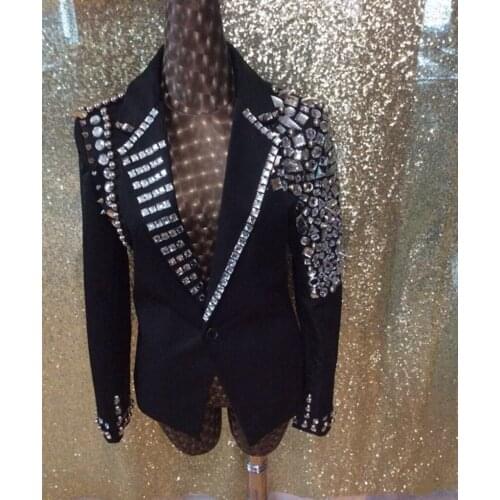 Fashion New Mens Crystals Suit Blazers costumes Nightclub Male singer DJ Party show performance coat