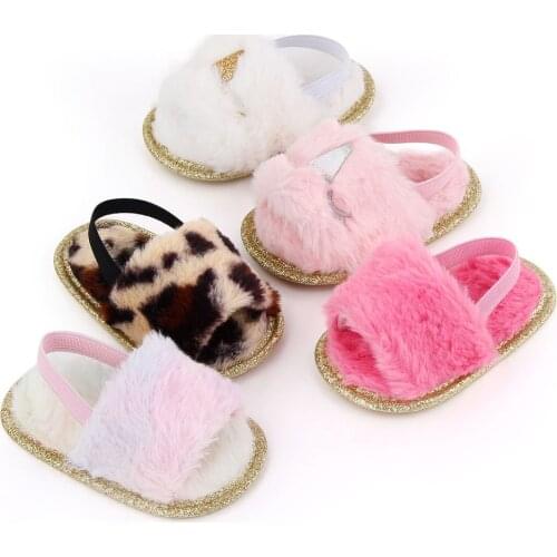 Fashion Kids Girls Boys Fur Sandals Shoes Tie-Dye Leopard Printed Flat With Soft Shoes 5 Colors