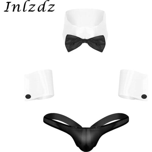 Mens Lingerie Waiter Sex Cosplay Costume Outfits Collar and Cuffs See Through Fishnet Jockstrap Bikini G-string Thong Brriefs