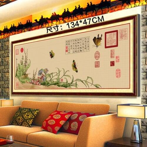 Cross stitch printed canvas kit Ancient Chinese Study Room Living Room Vintage Canvas Butterfly Floral Hand Embroidery