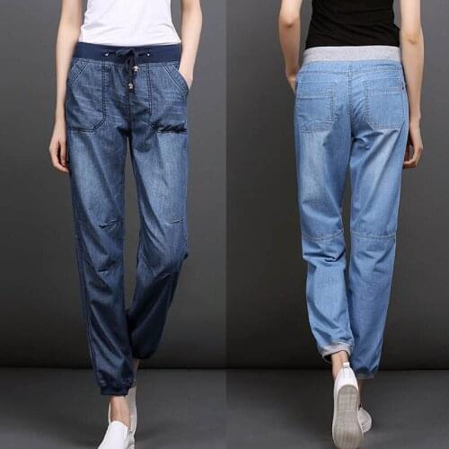 2018 spring new thin style silk cotton jeans female big yards elastic waist loose nine points bloomers Fashion lady trousers