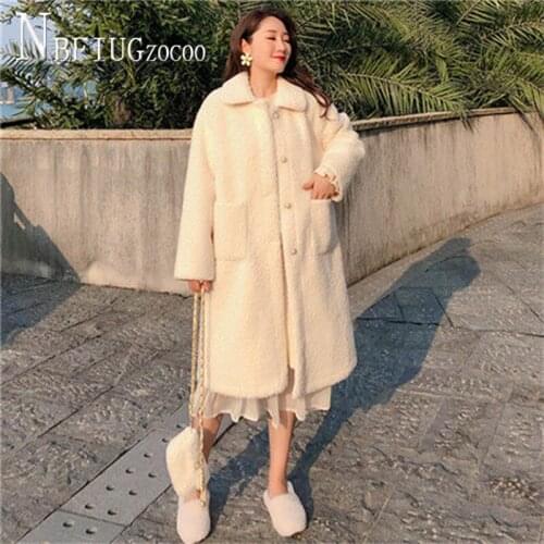 2020 Winter New Beige Color Imitation Lambswool Women Coat Long Style Fashion Loose Female Jacket