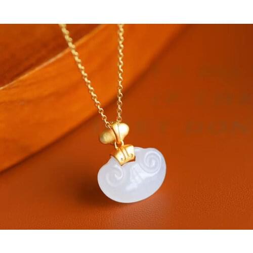 New Silver Inlaid Natural Hetian Jade Pendant Necklace Niche Design Auspicious Clouds Charm Crafts Women Brand Jewelry