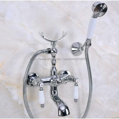 Polished Chrome Dual Handles Bathtub Faucet Wall Mounted Swive Spout with Handshower Tub Mixer Tap Bna236