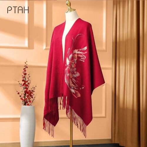 [PTAH] Wool Scarves For Women Thicker Cashmere Shawl Wrap Autumn Winter Warm Temperament Embroidery Large Scarf Ladies 200*60cm