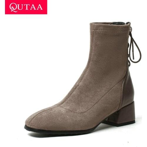 QUTAA 2021 Patchwork Flock PU Ankle Boots Square Toe Lace Up Women Shoes Autumn Winter Square Heel Short Boots Big Size 34-43