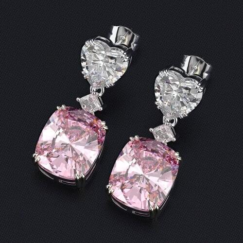 Luxury pink crystal zircon diamonds gemstones drop earrings for women evening party white gold silver color jewelry fashion gift