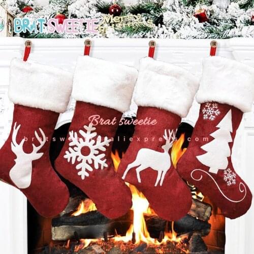 Christmas Stockings Red Reindeer Elk Snowflake with Faux Fur Xmas Stockings Christmas Tree Decorations Kids Gifts Bag
