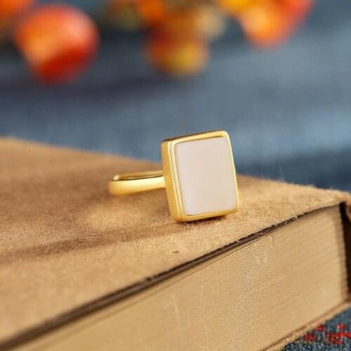 S925 Sterling Silver Frosted Square Ring Natural Hetian Jade White Jade Changeable Ornament for Women