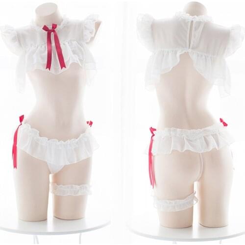 Sexy Sleepwear Chiffon Lovely Pure White Underwear Tops Shorts Bracelet + Leg Ring Kawaii Lingerie Set Japanese Sweet Lady