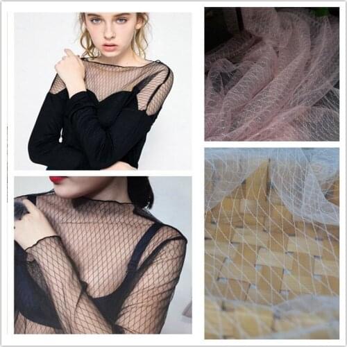 Sexy See Through T Shirt Women Mesh Patchwork Diamonds Tulle Slim T-shirts Elegant Crop Tops Female Clothes Mesh Lace Fabrics