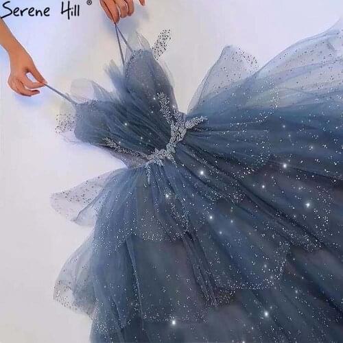 Serene Hill Blue Beaded Bling Evening Dresses Gowns 2021 Spaghetti Strap Sexy For Women Party CLA71292