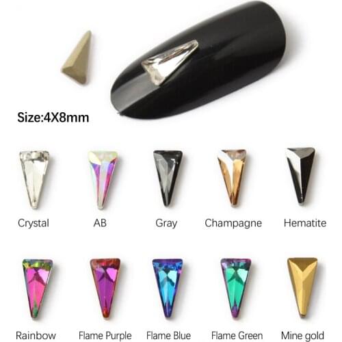 Hot sale Long Triangle 4x8mm Nail Art Rhinestones 10 colors Fancy Crystal stones 30/100Pcs For 3D Nail art decoration