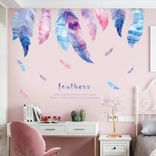 Light Blue and Purple Feathers Wall Sticker Creative Removable Wallpaper For Bedroom Living Room TV Sofa Background Wall Mural
