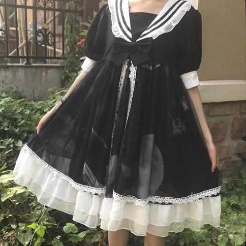 Navy Short Sleeve Lolita Dress Daily Japanese Kawaii Girl Victorian Dress Tea Party Gothic Lolita Tea Party Loli Cosplay DT2236