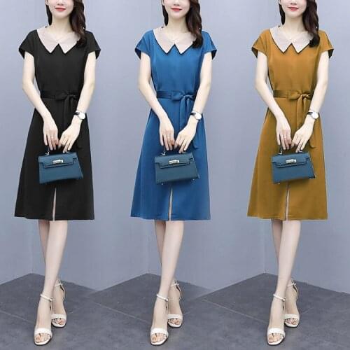 OL Dress Temperament 2021 Large Size Womens Fashion Doll Collar Lace Up Pure Color Lady Trend Short Sleeve Office Dress zh1404