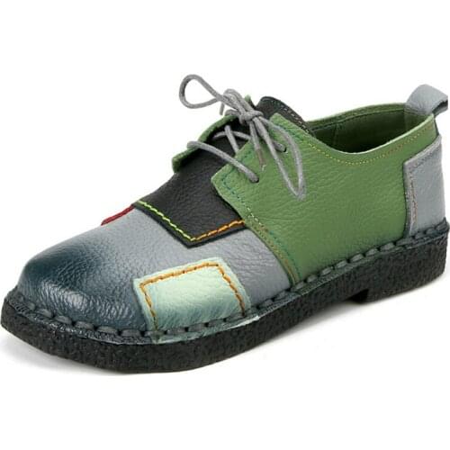 Fashion Womens Handmade Shoes Genuine Leather Flat Lace-up Ladies Shoes Ladies Slippers Soft and Comfortable Casual Shoes