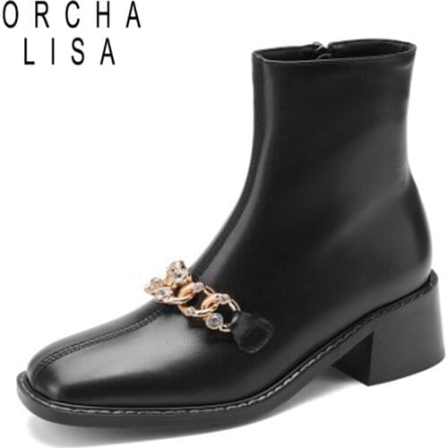 ORCHALISA 2021 Designer Ankle Boots for Women PU Leather Round Toe Square Mid Heel Chains Crystal Zipper Black White 31-43 S2439