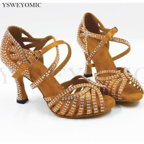 Rhinestones Bachata Dance Shoes 2021 New Style High Quality Leather Insole High Heel 3inch 4inch Women Salsa Latin Dance Shoes