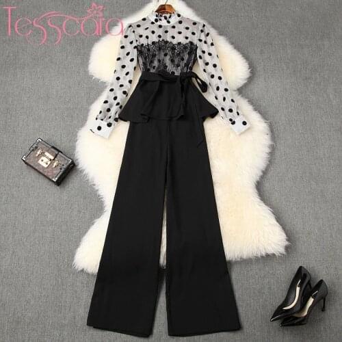 TESSCARA Women Runway Designer Elegant Pant Suit Set High Quality Office Cocktail Party Two-piece Suits Female Vintage Dot Sets