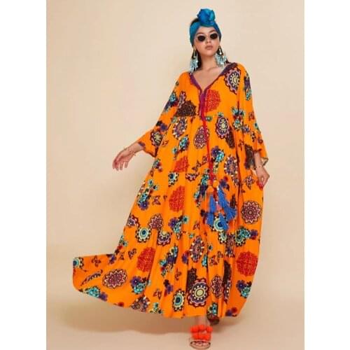 Orange Turquoise Green Long Boho Dress For Women With Mandala Pattern Tassels 3 Different Color Options 2021 New Fashion Xs-5xl
