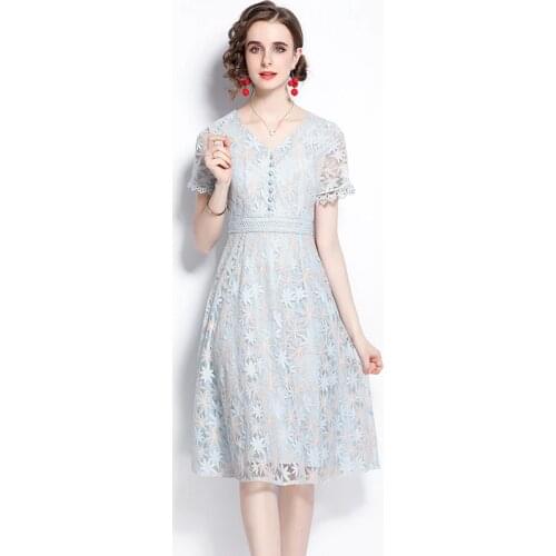 Top Quality Blue Lace New 2021 Summer Women Party Dress