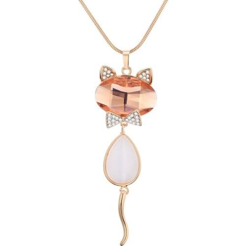 Charm Pink Opal Cat Pendant Necklace for Women Elegant Crystal Bow Cute Pet Pussy Cat Necklace Odd Fancy Jewelry 2019 Party Gift